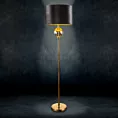 Lampa stojąca do salonu czarno, złota KAJA na podstawie łączącej szkło i metal z welwetowym abażurem