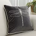 Poszewka na poduszkę 45x45 cm welwetowa, grafitowo srebrna z haftem ważki oraz ozdobnym sznurem