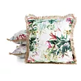Poszewka na poduszkę 45x45 cm z tkaniny wodoodpornej biało, zielona idealna na taras oraz balkon zdobiona nadrukiem kwiatów i frędzli GARDEN