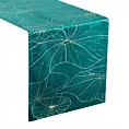 Bieżnik na stół ciemnoturkusowo, złocisty 35x140 cm welwetowy BLINK 15 z liśćmi lilii wodnej