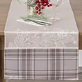 Bieżnik na stół beżowy 40x140 cm welwetowy HOLLY z motywem świątecznymi i ozdobną kantą w kratę
