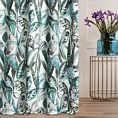 Zasłona szyta na taśmie 8 cm jasnokremowo turkusowa z tkaniny o naturalnym splocie z nadrukowanym botanicznym wzorem