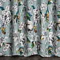 Zasłona szyta na taśmie 5 cm miętowo grafitowa z tkaniny o naturalnym splocie z nadrukowanym kwiatowym wzorem