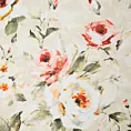 Roleta rzymska beżowo różowa z tkaniny o naturalnym splocie z nadrukowanym kwiatowym wzorem