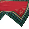 Bieżnik na stół czerwono, zielony 90x90 cm gobelinowy CHERRY z motywem złotych śnieżynek i ozdobną kantą w kratę