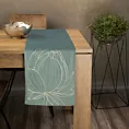 Bieżnik na stół ciemnomiętowy, złocisty 35x140 cm welwetowy BLINK 12 z dużym wzorem kwiatu lotosu