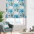 Roleta rzymska KIMBERLY biało niebieska z miękkiej tkaniny typu blackout drukowanej w egzotyczne liście