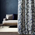 Zasłona szyta na tunelu PERUGIA granatowa ze szlachetnej tkaniny z dużym roślinnym wzorem