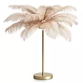 Lampa stojąca do salonu beżowo, szampańska FERI na metalowej podstawie z niezwykle efektownym abażurem z naturalnych strusich piór
