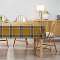 Obrus szyty musztardowo naturalny z grubej, szenilowej tkaniny w elegancką kratę