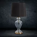 Lampa stołowa nocna czarno, złota EMILIO na podstawie z przezroczystego szkła z abażurem z matowej tkaniny