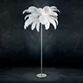 Lampa stojąca do salonu srebrno, biała FERI na metalowej podstawie z efektownym abażurem z naturalnych strusich piór