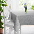 Obrus szyty srebrno popielaty z tkaniny w stylu eko o naturalnym splocie, z efektem melanżu, wykończona obciążnikiem