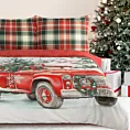 Pościel świąteczna 160x200 cm z bawełny ranforce, kolor czerwono, biały zdobiona uroczym nadrukiem świątecznego auta XMAS