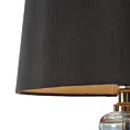 Lampa stołowa nocna czarno, złota EMILIO na podstawie z przezroczystego szkła z abażurem z matowej tkaniny