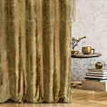 Zasłona szyta na taśmie 5 cm oliwkowo miedziana z welwetowej, miękkiej tkaniny, z połyskującym nadrukiem