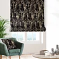 Roleta rzymska czarno złocista z grubej, welwetowej tkaniny, zdobiona delikatnie połyskującym nadrukiem