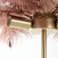 Lampa stojąca do salonu pudrowo różowo, szampańska FERI na metalowej podstawie z niezwykle efektownym abażurem z naturalnych strusich piór