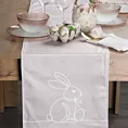 Bieżnik na stół beżowo, biały 35x140 cm welwetowy WIOSNA 1 z nadrukiem zajączka