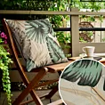 Poszewka na poduszkę 45x45 cm z tkaniny wodoodpornej kremowo, zielona idealna na taras oraz balkon z motywem egzotycznych liści GARDEN