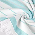 Ręcznik plażowy 90x170 cm bawełniany kolor biały,turkusowy z nadrukiem kontrastujących paseczków i frędzli 350 g/m2 MILOS