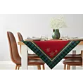 Bieżnik na stół czerwono, zielony 90x90 cm gobelinowy CHERRY z motywem złotych śnieżynek i ozdobną kantą w kratę