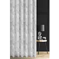 Firana szyta na flexach biało srebrna z tkaniny typu BATYST z delikatnie połyskującym nadrukiem w kształcie liści po całości tkaniny, wykończona obciążnikiem
