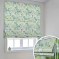 Roleta rzymska kremowo zielona z miękkiej tkaniny o lekkim splocie, pokryta modnym, botanicznym nadrukiem