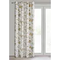Zasłona biało, beżowa z tkaniny zaciemniającej zdobiona nadrukiem kwiatów i złotym wykończeniem 140x250 cm złote przelotki - NELIA
