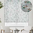 Roleta rzymska biało turkusowa z tkaniny typu ETAMINA z kwiatowym nadrukiem, wykończona obciążnikiem