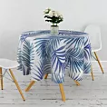 Obrus szyty JAZIR naturalno ciemnoniebieski z miękkiej tkaniny typu blackout drukowanej w egzotyczne liście