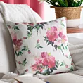 Poszewka na poduszkę 45x45 cm o strukturze lnu naturalno, różowa zdobiona nadrukiem kwiatów WIOSNA 66