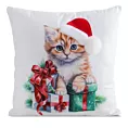 Poszewka na poduszkę świąteczna 45x45 cm welwetowa biało, czerwona zdobiona uroczym nadrukiem kotka