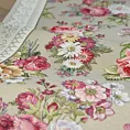 Obrus oliwkowo, różowy 100x100 cm gobelinowy zdobiony tkanym motywem kwiatowym