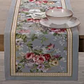 Bieżnik na stół popielato, czerwony 45x140 cm gobelinowy zdobiony motywem kwiatów