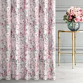 Zasłona szyta na taśmie 5 cm różowo popielata z tkaniny o naturalnym splocie z nadrukowanym kwiatowym wzorem