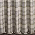 Zasłona szyta na taśmie 5 cm beżowo musztardowa z tkaniny z dodatkiem bawełny i nici metalicznej, o wzorze w kratę, zawiera 20% bawełny