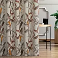 Zasłona szyta na flexach brązowo kremowa z tkaniny o naturalnym splocie z dodatkiem lnu, zdobionej nadrukiem w kształcie liści