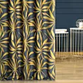 Zasłona szyta na taśmie 5 cm grafitowo musztardowa z tkaniny o naturalnym splocie z botanicznym wzorem