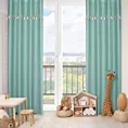 Firana miętowa z etaminy zdobiona taśmą dekoracyjną z wiszącymi trójwymiarowymi słonikami 140x250 cm przelotka KIDS