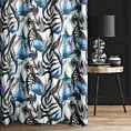 Zasłona szyta na taśmie 5 cm TROPICS srebrno granatowa z miękkiej tkaniny drukowanej w kolorowy botaniczny wzór
