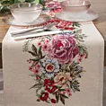 Bieżnik na stół 40x100 cm naturalno, różowy gobelinowy zdobiony motywem kwiatów