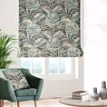Roleta rzymska popielato miętowa z eleganckiej tkaniny w ciekawy, botaniczny wzór