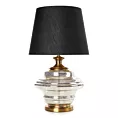 Lampa stołowa do salonu czarno, złota AMARI zdobiona szklaną podstawą i lekko szenilowym abażurem