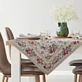 Obrus naturalno, różowy 100x100 cm gobelinowy zdobiony motywem kwiatów