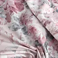 Zasłona szyta na taśmie 5 cm różowo popielata z tkaniny o naturalnym splocie z nadrukowanym kwiatowym wzorem