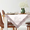Obrus na stół beżowo, biały 85x85 cm welwetowy HOLLY z motywem świątecznymi i ozdobną kantą w kratę
