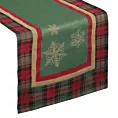 Bieżnik na stół czerwono, zielony 45x140 cm gobelinowy CHERRY z motywem złotych śnieżynek i ozdobną kantą w kratę