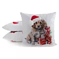 Poszewka na poduszkę świąteczna 45x45 cm welwetowa biało, czerwona zdobiona uroczym nadrukiem pieska