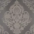 Roleta rzymska popielato szara tkanina w ornamentowy wzór, z dodatkiem połyskującej nici